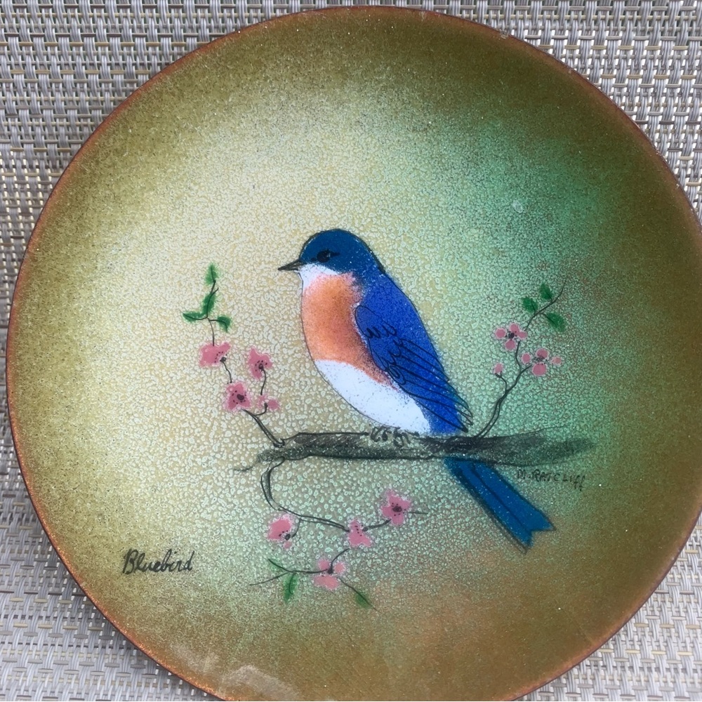 Bluebird Copper Enameled Plate Signed by Ratcliff